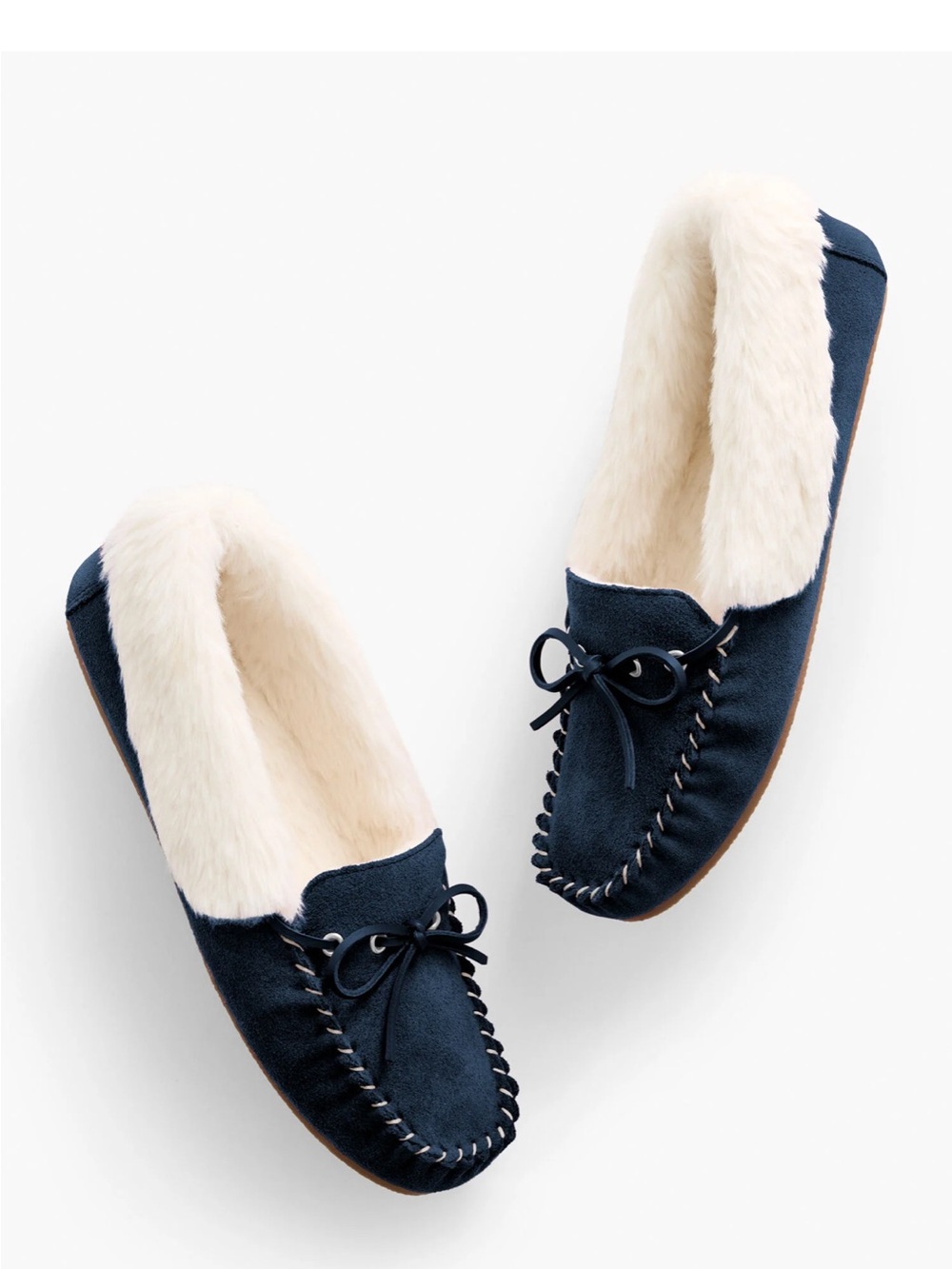 Women’s Navy leather upper and Faux-fur lining Moccasin Slippers